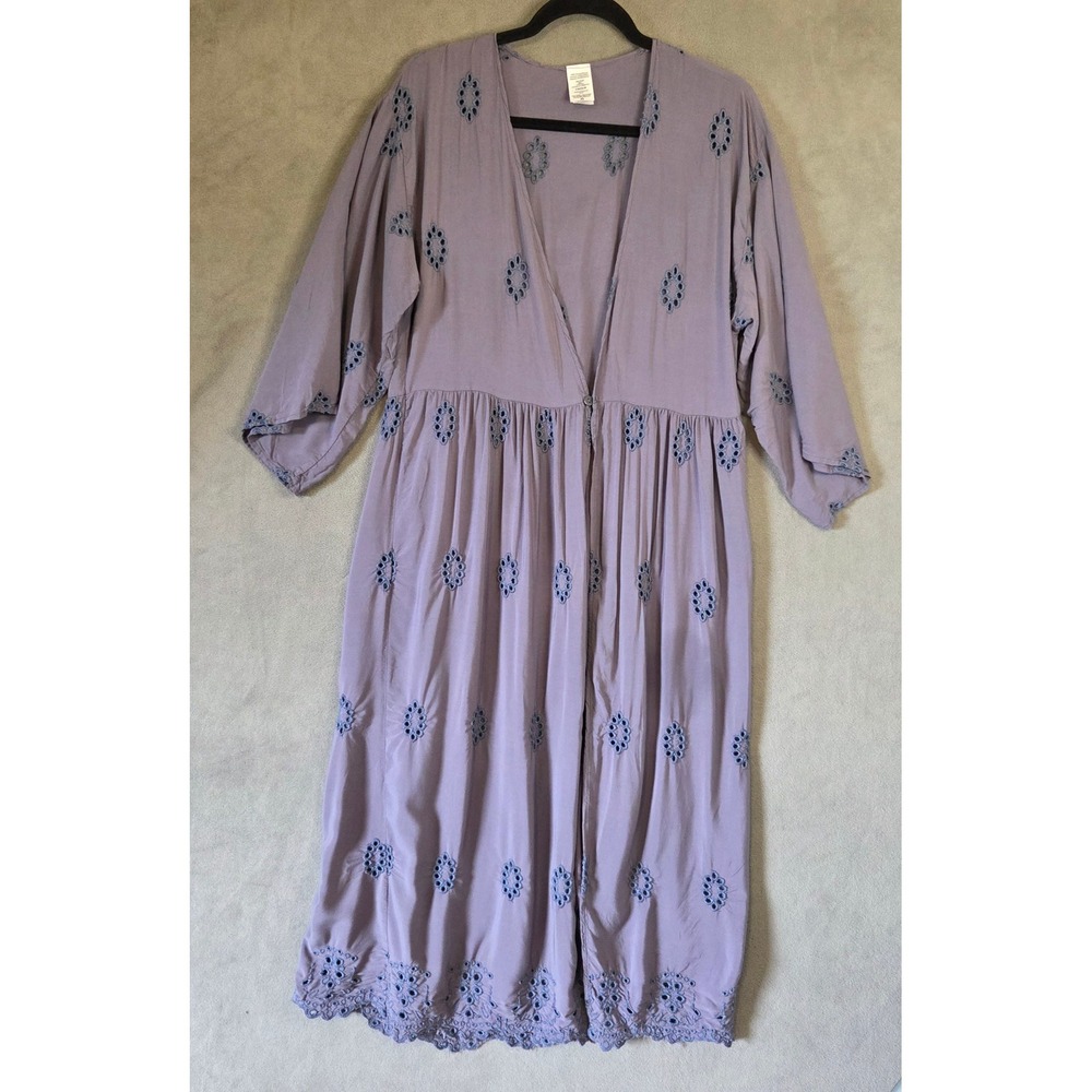 Eyelet Robe Embroidered Duster Women Size S-M Boho Cottagecore Ethereal